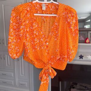 NWOT Joie Women's Orange Floral Crop Top V-Neck Puff Sleeves Size S